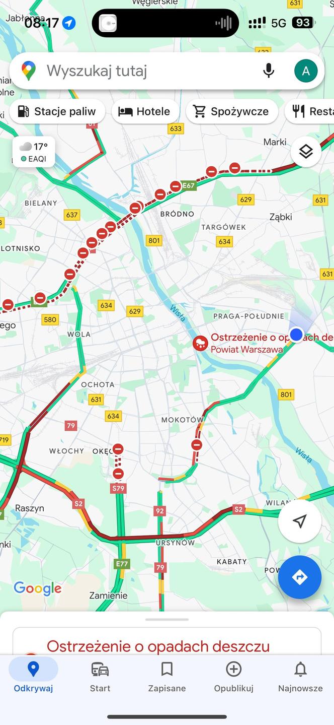 Warszawa. Mapa - zablokowna trasa S8