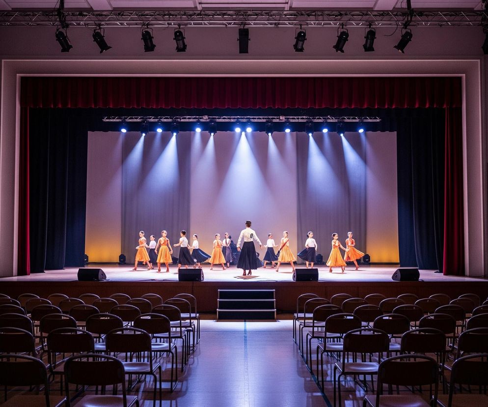 Na scenie o drewnianym parkiecie, podświetlonej błękitnymi reflektorami, znajduje się grupa tancerek. Tancerki, ubrane w długie, czarne spódnice i bluzki w kolorach białym, pomarańczowym lub żółtym, są w trakcie występu. Centralnie na scenie stoi jedna z tancerek, a pozostałe rozmieszczone są po jej bokach, tworząc półokrąg. Tło sceny stanowi jasna ściana, a po bokach widoczne są ciemnoczerwone i czarne zasłony. Przed sceną, na widowni, stoją rzędy pustych krzeseł z metalowymi ramami i brązowymi siedziskami, ustawione wzdłuż środkowego przejścia.