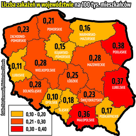 Liczba zakażeń w województwie na 100. tyś. mieszkańców