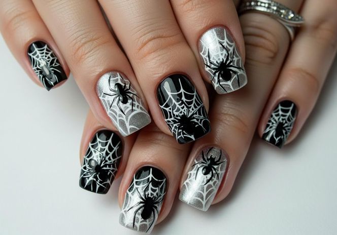paznokcie na hallowen - czerń połączona ze srebrem i zdobieniami