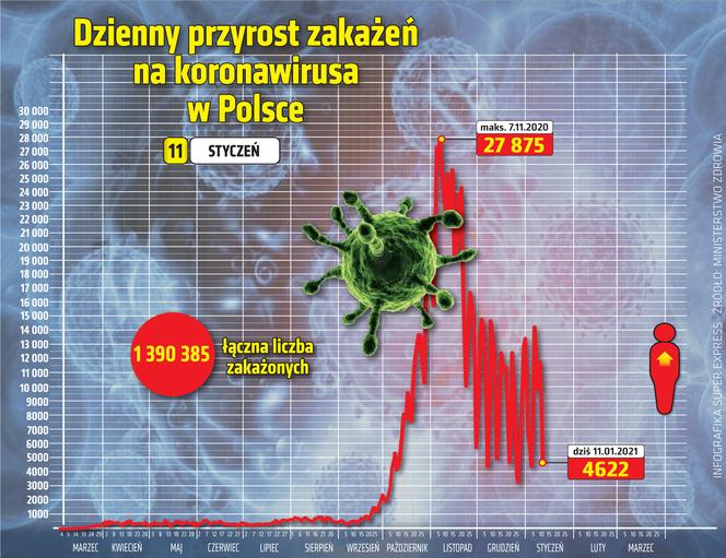 wirus Polska przyrost dzienny 11 1 2021
