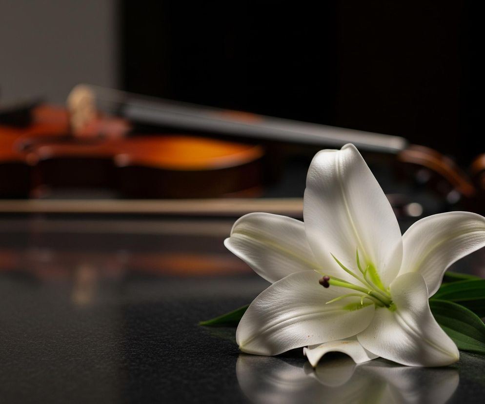 Na pierwszym planie, po prawej stronie leży biała lilia z zielonymi liśćmi, delikatnie odbijająca się w ciemnej, błyszczącej powierzchni. Płatki kwiatu są rozłożone, a w jego centrum widoczne są zielone pręciki z brązowymi pylnikami. W tle, rozmyte, widoczny jest brązowo-pomarańczowy korpus skrzypiec, leżący poziomo na tej samej powierzchni, z widocznym podstrunnicą i główką. Tło jest ciemne, prawie czarne, z delikatnym przejściem tonalnym ku jaśniejszemu szaremu na górze po lewej stronie.