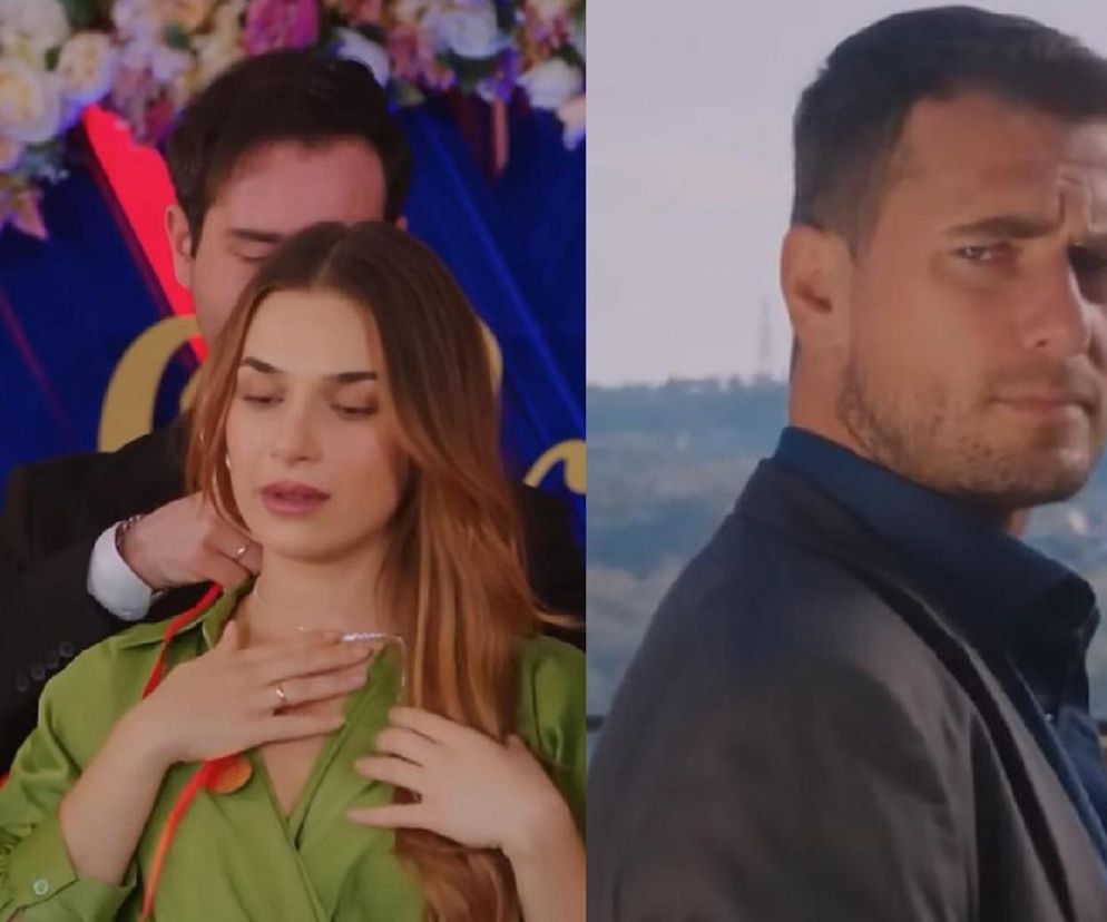 Sila i Levent podczas zaręczyn, mężczyzna zakłada kobiecie naszyjnik, a z prawej strony Kuzey spogląda zazdrośnie. Bohaterowie serialu Miłość i nadzieja. Więcej o wydarzeniach w Super Seriale.