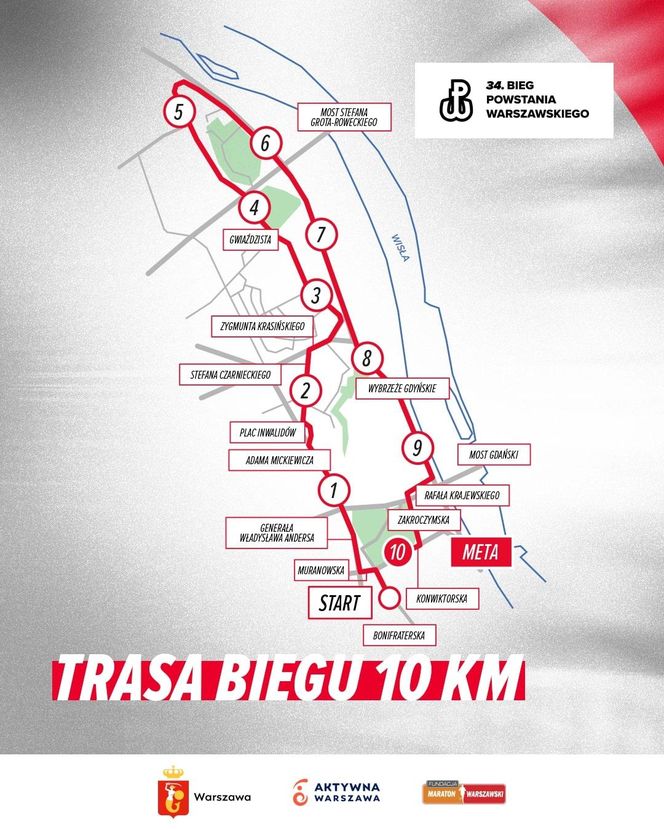 34. Bieg Powstania Warszawskiego - trasa na 10 km