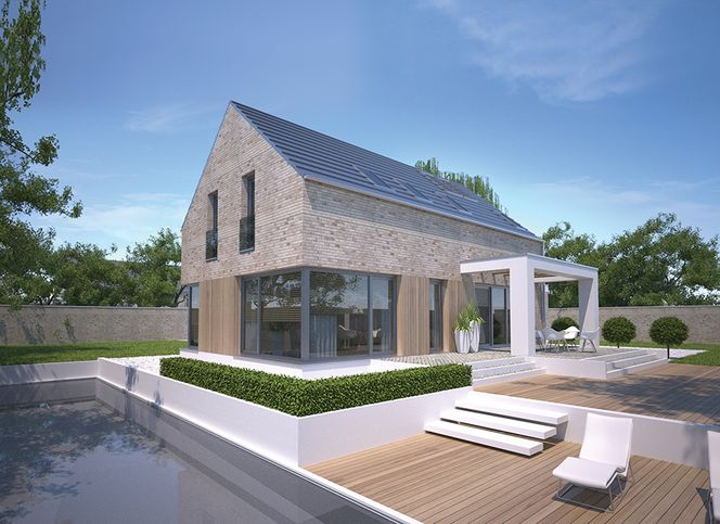 Bardzo ciepły dom: projekt ze skośnym dachem i dużymi oknami 