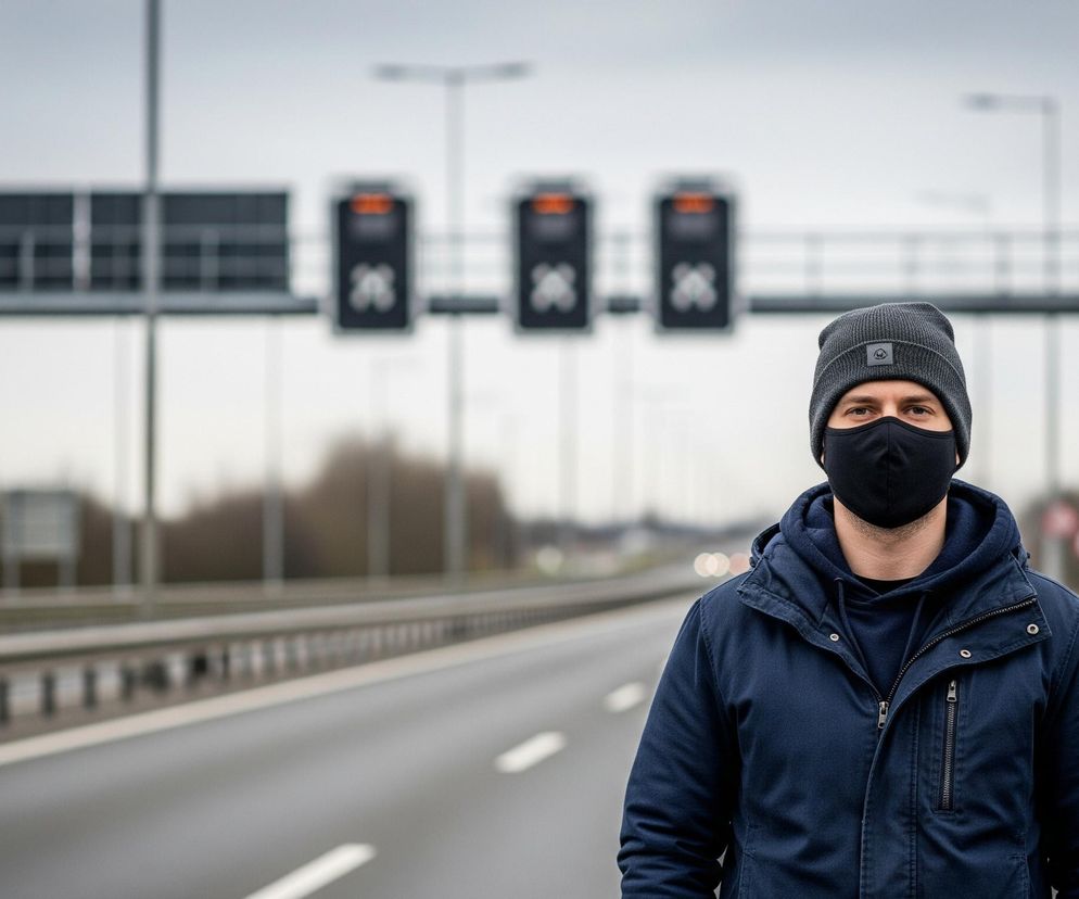 Mężczyzna z bliska, ubrany w ciemnoszarą czapkę, czarną maskę na twarzy, granatową kurtkę i ciemną bluzę z kapturem, patrzy prosto w obiektyw. Stoi na szarej nawierzchni, prawdopodobnie autostrady, z widocznymi białymi liniami pasów ruchu. Tło, z rozmazanym krajobrazem, przedstawia szeroki most z latarniami i ekranami informacyjnymi nad drogą, a także zarys drzew na horyzoncie pod zachmurzonym, jasnoszarym niebem.