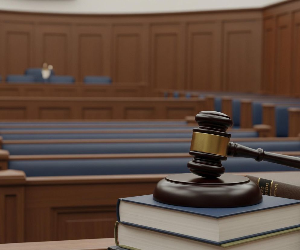 Drewniany młotek z metalowym złotym pierścieniem leży na okrągłej drewnianej podstawce, która z kolei spoczywa na stosie książek. Stosy książek są ułożone na jasnym, drewnianym blacie stołu, a ich grzbiety są w odcieniach niebieskiego, zielonego i brązowego, z widocznymi złotymi napisami na niektórych z nich. Tło wypełnia sala sądowa z drewnianymi panelami na ścianach i rzędami niebieskich krzeseł dla publiczności.