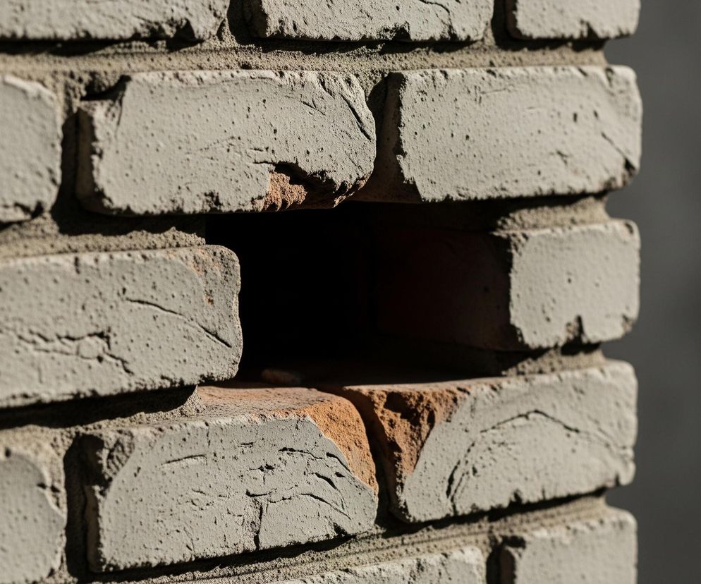 Fragment ściany zbudowanej z cegieł. Cegły są jasnoszare, o nieregularnej, chropowatej powierzchni, z widocznymi pęknięciami i drobnymi ubytkami, a spoiny między nimi są w podobnym odcieniu szarości. W środkowej części ściany znajduje się prostokątny otwór, odsłaniający ciemne wnętrze oraz kawałek pomarańczowej cegły u dołu otworu. Światło pada z lewej strony, tworząc wyraźne cienie na cegłach i uwydatniając ich teksturę, natomiast tło po prawej stronie jest ciemnoszare i rozmyte.