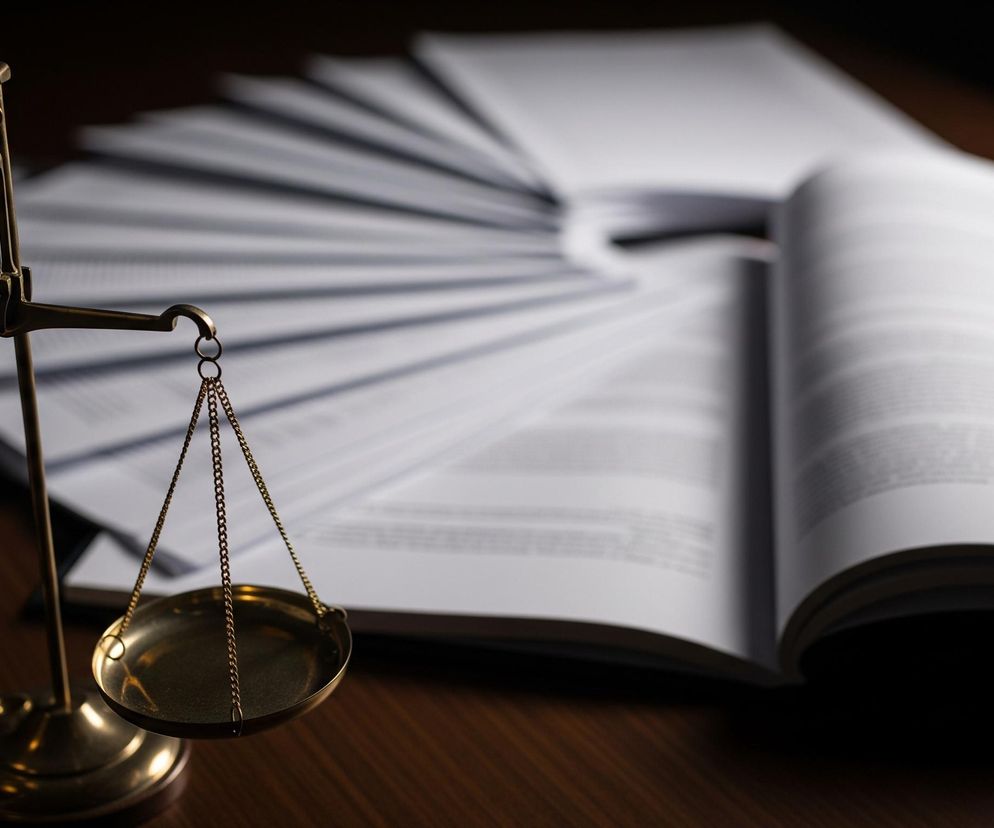 Złota waga szalkowa, oświetlona z góry, dominuje w lewej części kadru. Jej szalki, zawieszone na delikatnych łańcuszkach, są puste, a cały mechanizm spoczywa na ciemnobrązowym, prawdopodobnie drewnianym blacie. W tle, częściowo rozmazane, widoczne są stosy otwartych książek i pojedynczych kartek papieru, ułożonych w wachlarz, co tworzy jasne plamy na ciemnym tle.