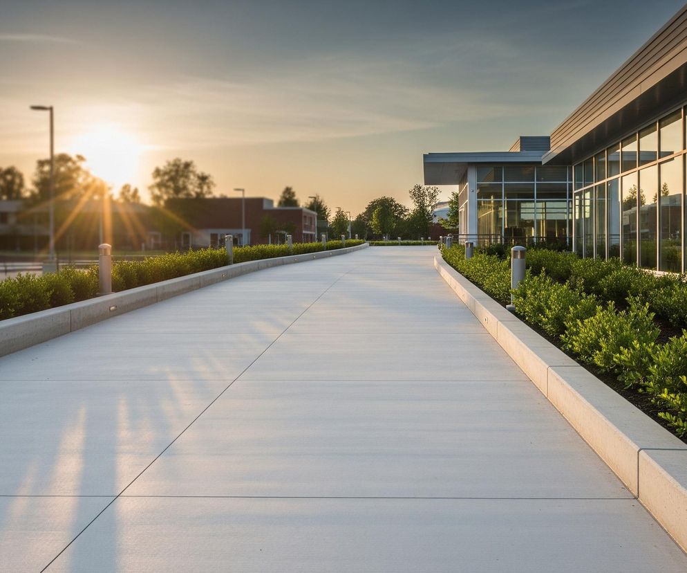 Szeroki, betonowy chodnik biegnie centralnie przez kadr, delikatnie zakrzywiając się w lewo, znikając w oddali. Po obu stronach chodnika rozciągają się zielone, gęste krzewy, otoczone betonowymi krawężnikami, w których wbudowane są niskie lampy ogrodowe. Po prawej stronie widać nowoczesny budynek z dużymi, przeszklonymi ścianami, odbijającymi pomarańczowe światło zachodzącego słońca oraz fragmenty drzew i nieba. Horyzont dominuje nisko położone, jasne słońce, rzucające długie cienie na chodnik i otoczenie, a niebo zmienia barwę od jasnopomarańczowej do błękitnoszarej.