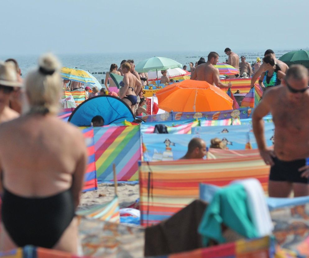 Plażowicze wypoczywający na piaszczystej plaży z parawanami i parasolami, przy bezchmurnym niebie i spokojnym morzu, symbolizują zbliżające się ekstremalne upały. Więcej o tym, jak chronić się przed palącym słońcem, przeczytasz na naszym portalu.