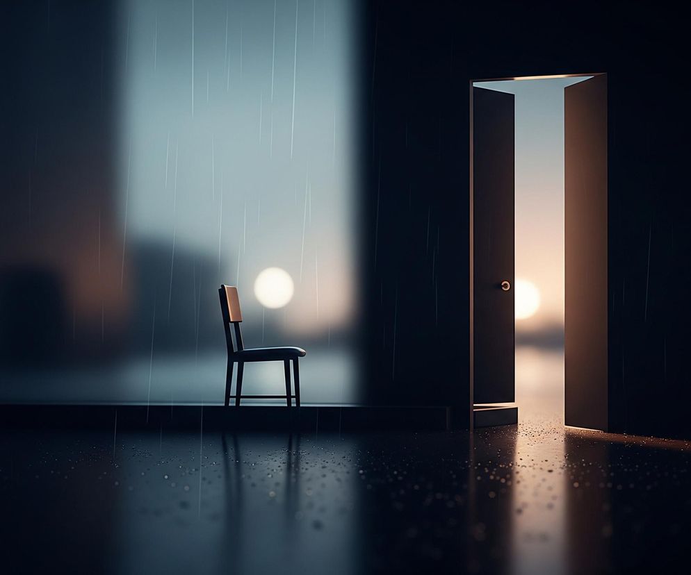Wnętrze ciemnego pomieszczenia, gdzie widoczna jest czarna ściana z wnęką w lewym rogu oraz podłoga pokryta kroplami wody. Centralnie na lewo od środka stoi prosty, ciemny drewniany stołek z jasnym, brązowym oparciem. Na prawej ścianie, blisko prawej krawędzi obrazu, znajdują się lekko uchylone, ciemne drzwi, przez które wpada jasne, pomarańczowo-białe światło, tworząc refleksy na mokrej podłodze. W tle, za wnęką, majaczy rozmazane, jasne, okrągłe źródło światła.