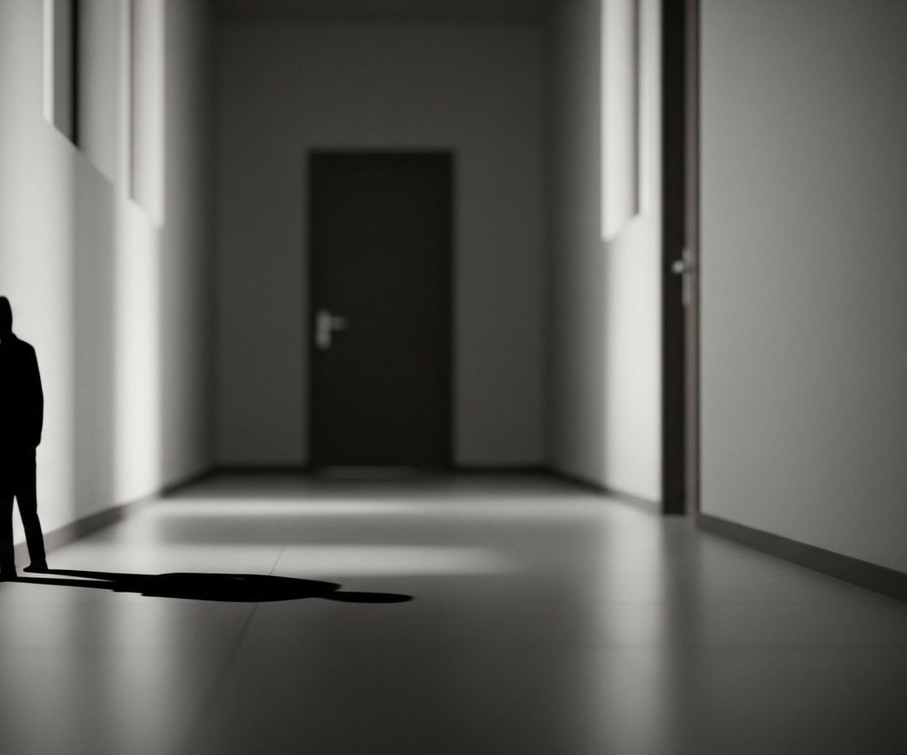 Ciemna sylwetka człowieka stoi przy lewej ścianie, rzucając długi cień na podłogę korytarza. Korytarz charakteryzuje się mocnym kontrastem światła i cienia, z jasno oświetloną lewą ścianą i ciemniejącą perspektywą w kierunku oddalonych drzwi. Na lewej ścianie widać trzy prostokątne otwory, z których pada światło, a korytarz kończy się drzwiami w oddali, częściowo ukrytymi w mroku.