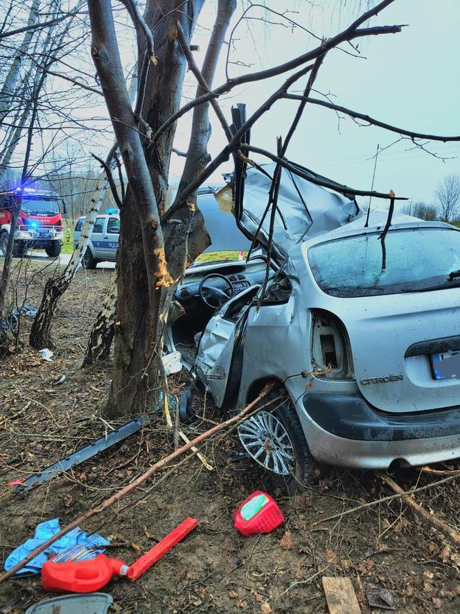 Tragiczny wypadek w Zrąbie w pow. zamojskim. Auto roztrzaskało się na drzewie