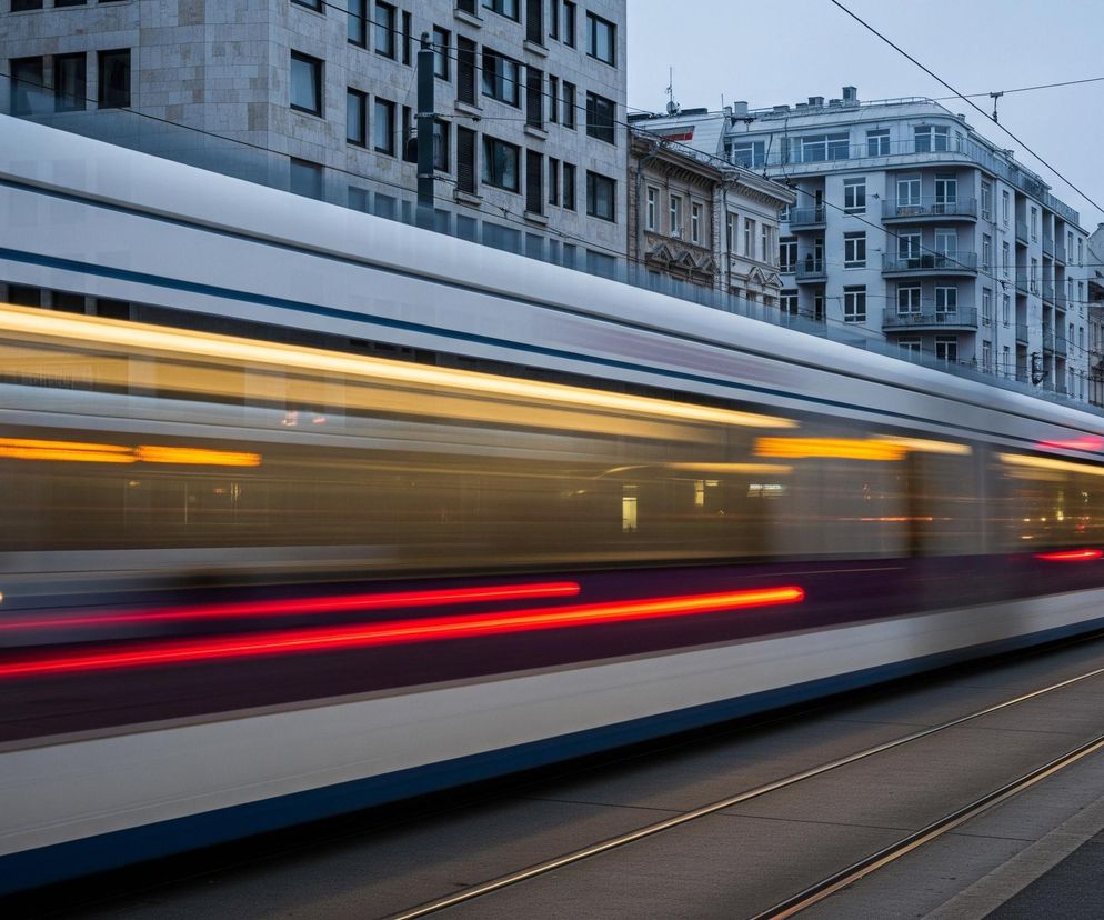 Pędzący biało-niebieski tramwaj zajmuje lewą i centralną część kadru, z jego wnętrza rozciągają się poziome, rozmyte smugi światła o barwie żółtej i czerwonej, symbolizujące ruch i prędkość. Za tramwajem wznoszą się rzędy budynków o zróżnicowanej architekturze, od nowoczesnych, szarych fasad po starsze, ozdobne kamienice z balkonami, widoczne w głębi po prawej stronie. Na pierwszym planie widać ciemny chodnik i tory tramwajowe, na których, po prawej stronie, nadjeżdża kolejny tramwaj z wyraźnie świecącymi, żółtymi reflektorami, a także czerwone światła drogowe w oddali. Na górze zdjęcia, na tle zachmurzonego nieba, rozciąga się sieć ciemnych kabli elektrycznych.