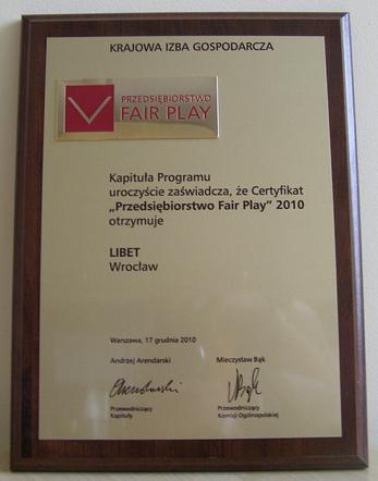 certyfikat Przedsiębiorstwo Fair Play dla Libet