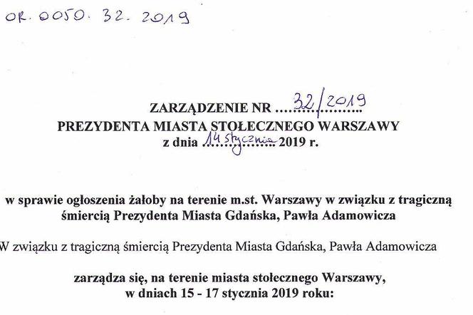 Żałoba w Warszawie po śmierci prezydenta Gdańska