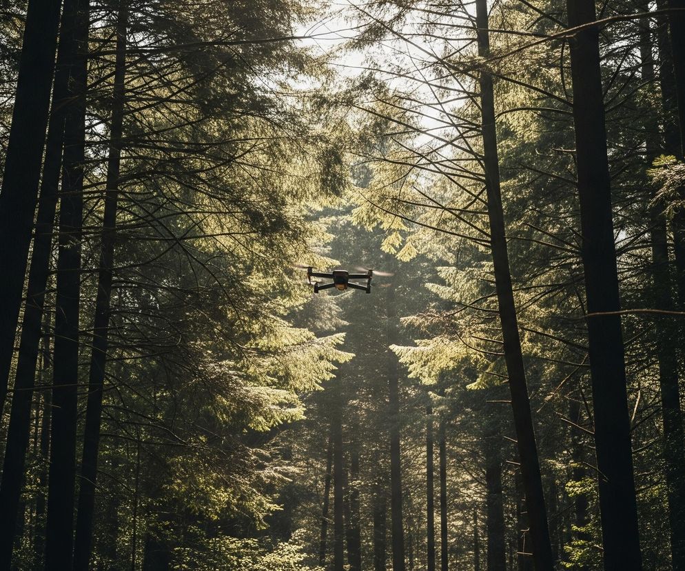 Czarny dron unosi się centralnie w tle obrazu, między wysokimi drzewami iglastymi. Gęsty las dominuje w kadrze, z ciemnymi, pionowymi pniami drzew po bokach i jaśniejszym, rozproszonym światłem w centrum, prześwitującym przez liście. Gałęzie i igły drzew rozciągają się w głąb kadru, tworząc teksturę w odcieniach zieleni i brązu, rozjaśnioną przez słońce. Górna część obrazu ukazuje jasne, zamglone niebo, sugerujące wschód lub zachód słońca.