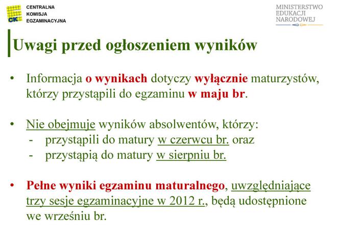 MATURA 2012 WYNIKI wstępne - ZOBACZ prezentację