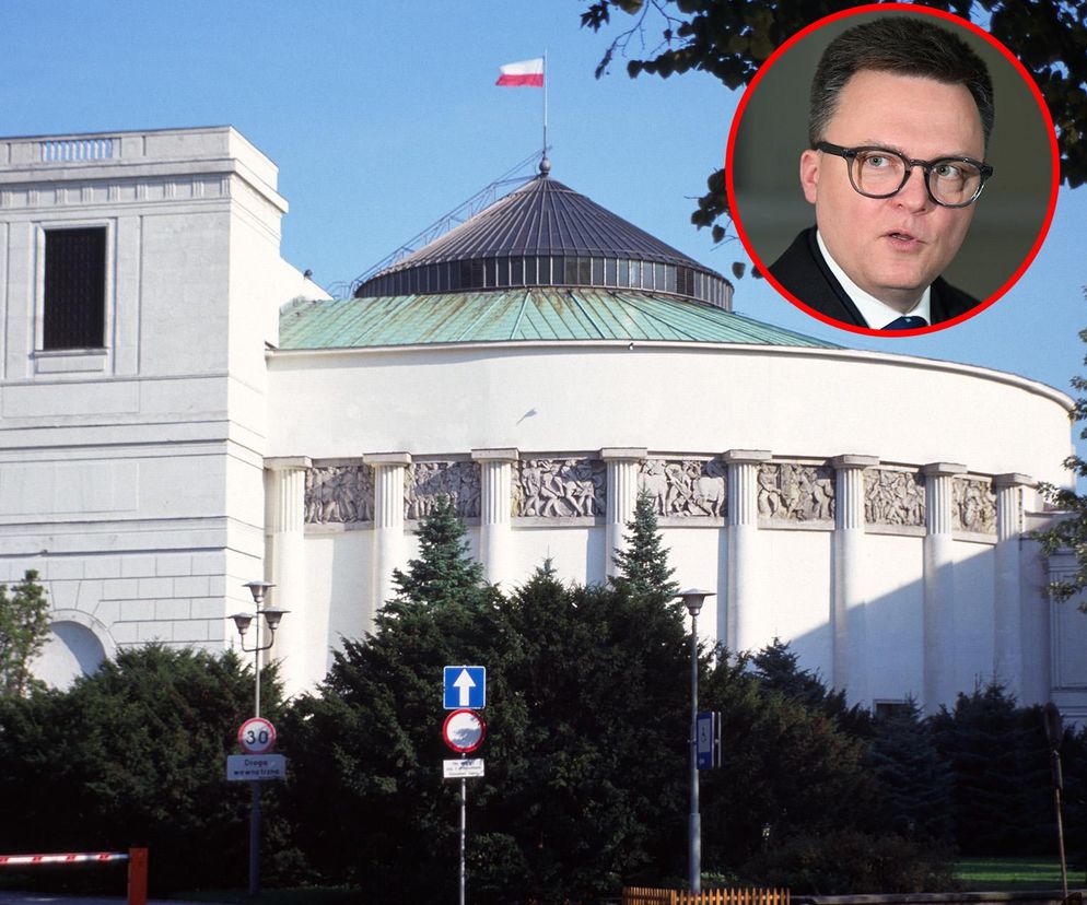 Hołownia na tle budynku Sejmu