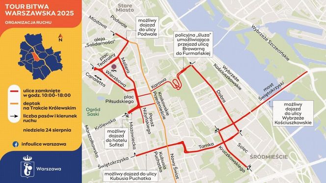 Mapa utrudnień w Warszawie 24.08.2025