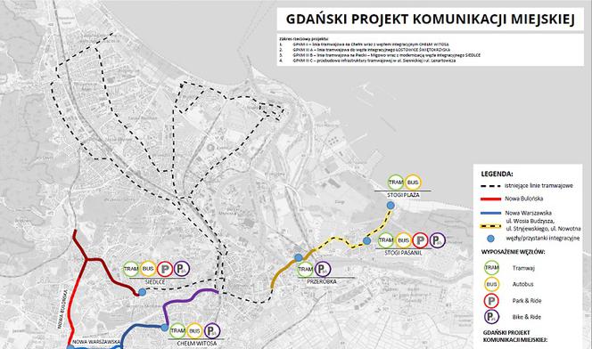 Mapa tras realizowanych w ramach Gdańskiego Projektu Komunikacji Miejskiej