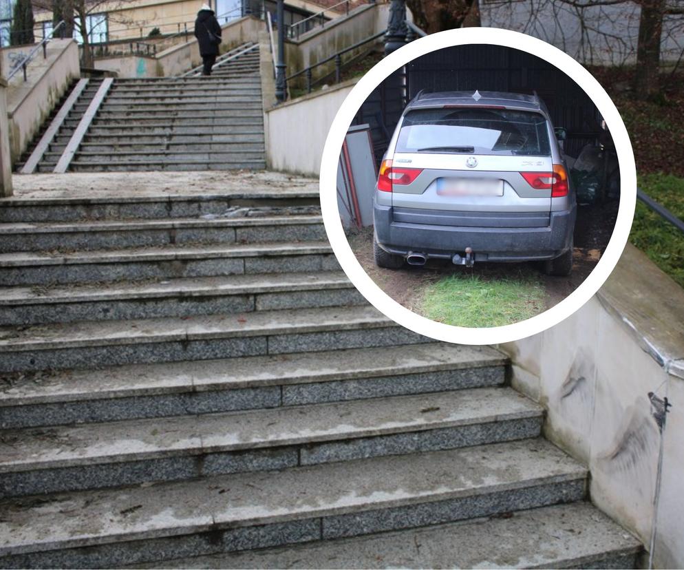 Po pijaku zjechał BMW po schodach w centrum Krosna! 