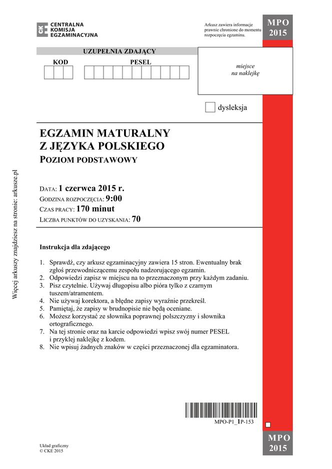 Matura poprawkowa język polski 2015 sierpień (poziom podstawowy)