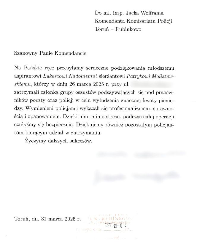 List do komendanta policji z Torunia