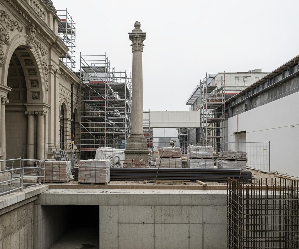 Na pierwszym planie widoczna jest betonowa konstrukcja, w której znajduje się ciemne, prostokątne wejście do tunelu po lewej stronie oraz metalowa siatka z prętów zbrojeniowych po prawej. Nad nią rozciąga się plac budowy z ułożonymi stosami cegieł lub płytek na paletach oraz długimi, ciemnymi prętami. Centralnie usytuowana jest wysoka, kamienna kolumna z ozdobnym kapitelem, otoczona rusztowaniami. Po lewej stronie dominuje fasada klasycznego budynku z kamiennych bloków, ozdobionego łukowatymi oknami i bogatymi detalami architektonicznymi, również częściowo pokryta rusztowaniem. Po prawej stronie znajdują się nowoczesne, betonowe ściany oraz kolejne konstrukcje z rusztowań, a tło wypełnia jasne, zachmurzone niebo.