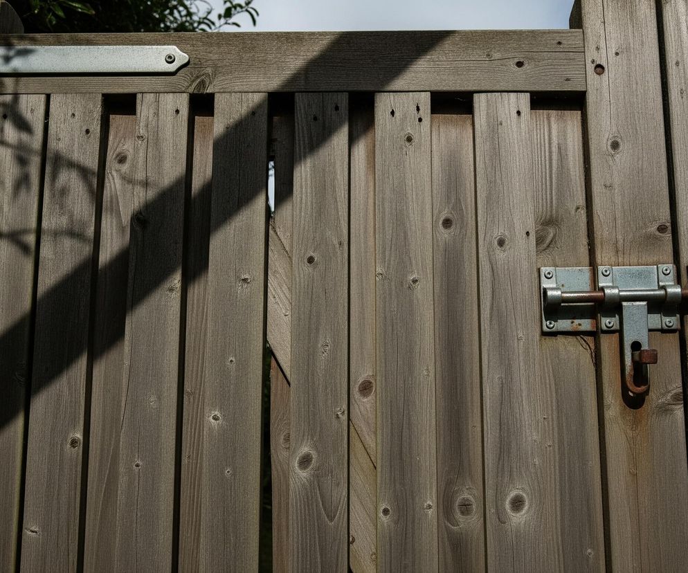 Drewniana furtka złożona z pionowych desek o szarobrązowej barwie zajmuje większość kadru. W lewym górnym rogu widać metalowy, srebrny zawias, a na środku po prawej stronie znajduje się metalowy, rdzawy rygiel, którym zamknięto furtkę. Cień liści pada na lewą część furtki, a obok prawej krawędzi obrazu widoczny jest fragment ściany zbudowanej z kamiennych bloków.