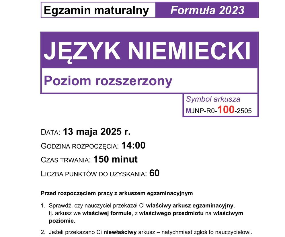 Matura 2025 niemiecki rozszerzony - arkusz CKE 13.05.2025 - Formuła 2023