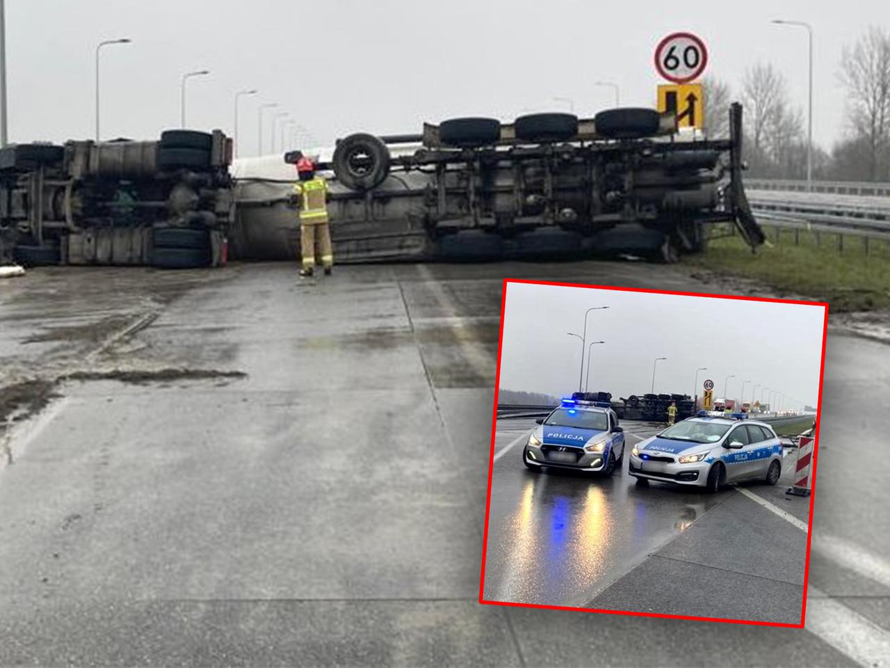 Gnał na podwójnym gazie. Przewrócił cysternę i zablokował autostradę