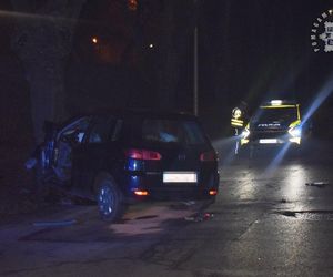 Groźny wypadek w Zawierciu. Samochód roztrzaskał się w drzewo. W środku uwięzione były dwie osoby