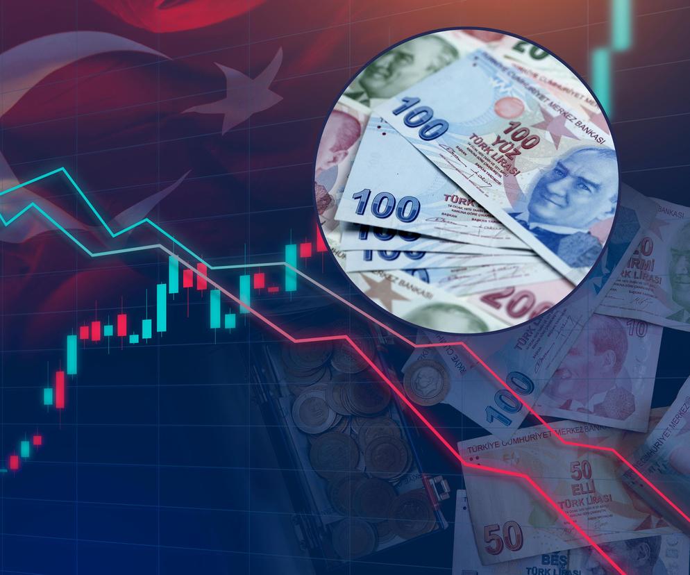 Sklejka: wykresy na czerwono i waluta turecka w tle 