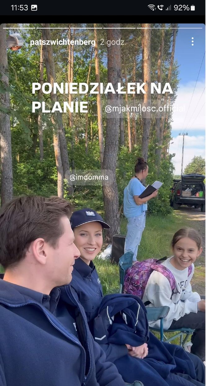 	M jak miłość nowy sezon. Adam Karski (Patryk Szwichtenberg), Natalka (Dominika Suchecka), Hania (Wiktoria Basik) na planie