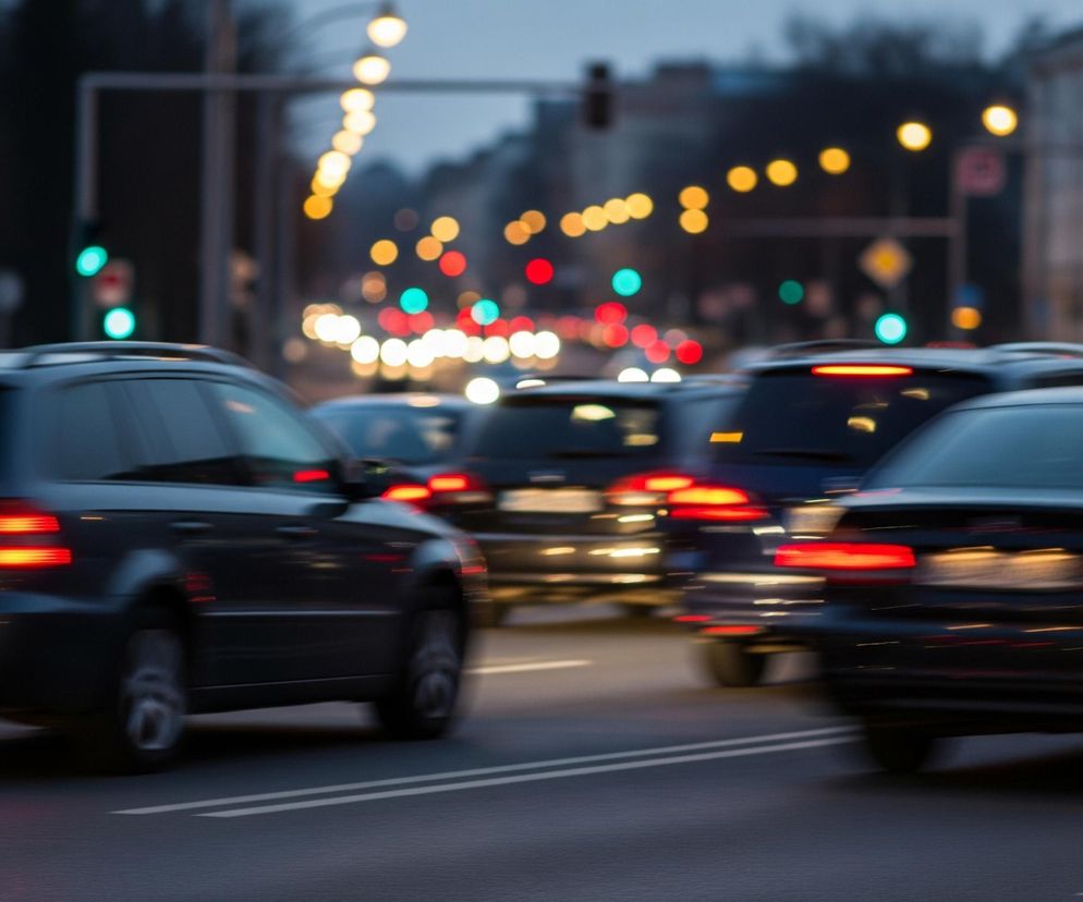 Ujęcie przedstawia ruch uliczny po zmierzchu, z dominującymi ciemnymi odcieniami nieba i asfaltu. Na pierwszym planie widoczne są części samochodów, głównie ich tyły, rozmyte przez ruch, co nadaje zdjęciu dynamiki. Z lewej strony znajduje się ciemnoszary samochód kombi z wyraźnie świecącymi, czerwonymi światłami stopu i cienkim, poziomym światłem na klapie bagażnika. Dalej w tle, również rozmyte, widać inne samochody, z których wiele ma włączone tylne światła w kolorze czerwonym i pomarańczowym. Na horyzoncie rozciąga się miejski krajobraz z licznymi rozświetlonymi, okrągłymi punktami światła o barwach żółtej, czerwonej i zielonej, pochodzącymi od latarni ulicznych i sygnalizacji świetlnej.