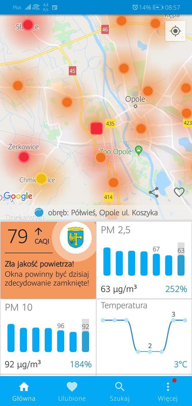 Centrum Opola zdominowały pomarańczowe ostrzeżenia smogowe