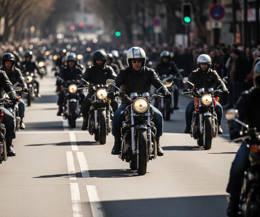 Grupa motocyklistów porusza się ulicą, tworząc długi sznur pojazdów. Na pierwszym planie, nieco po prawej, widoczny jest motocyklista w czarnym kasku i skórzanej kurtce, z włączonym reflektorem. W tle, na chodnikach po obu stronach ulicy, stoi tłum ludzi, a gdzieniegdzie pojawiają się rozmyte światła drogowe, w tym jedno zielone. Droga jest asfaltowa, z wyraźnymi podwójnymi białymi liniami, które zbiegają się w oddali.