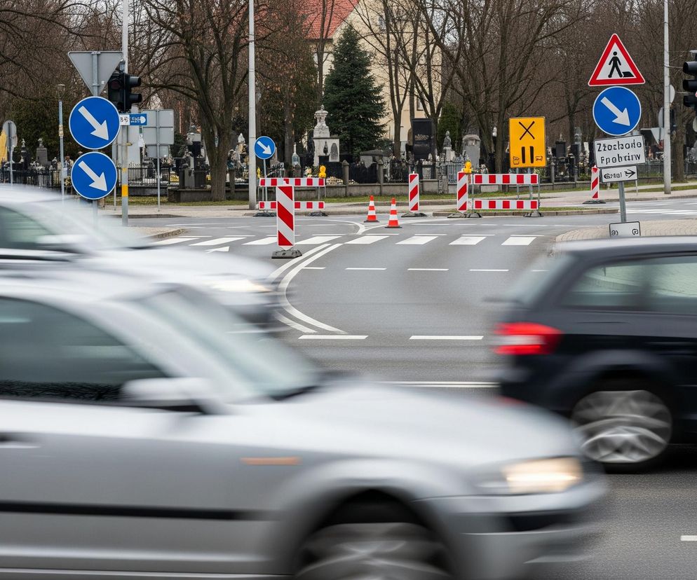 Srebrne samochody jadące w lewo z rozmytym, rozmytym przodem i tyłem, co sugeruje ruch, dominują na pierwszym planie zdjęcia. Droga jest asfaltowa, z białymi liniami pasów ruchu i przejściem dla pieszych. W tle, po prawej stronie, widać czarny samochód również w ruchu, a jego tylne światła są czerwone i rozmazane. Za ulicą znajduje się cmentarz z licznymi nagrobkami i nagrobkami, otoczony czarnym, kutym ogrodzeniem, a za nim widać gołe drzewa oraz cyprysy. Nad cmentarzem dominuje jasnobrązowy budynek z czerwonym dachem. Na środku ulicy, przy przejściu dla pieszych, stoją znaki drogowe: żółta tablica ostrzegawcza z czarnym symbolem skrzyżowania równorzędnego, czerwono-białe barierki i dwa pomarańczowe pachołki drogowe, wskazujące na roboty drogowe. Po prawej stronie, na słupie, widać znaki ostrzegawcze z symbolami pieszych, niebieskie strzałki wskazujące kierunek oraz sygnalizację świetlną. Po lewej stronie, na innym słupie, znajdują się kolejne niebieskie strzałki kierunkowe i sygnalizacja świetlna.