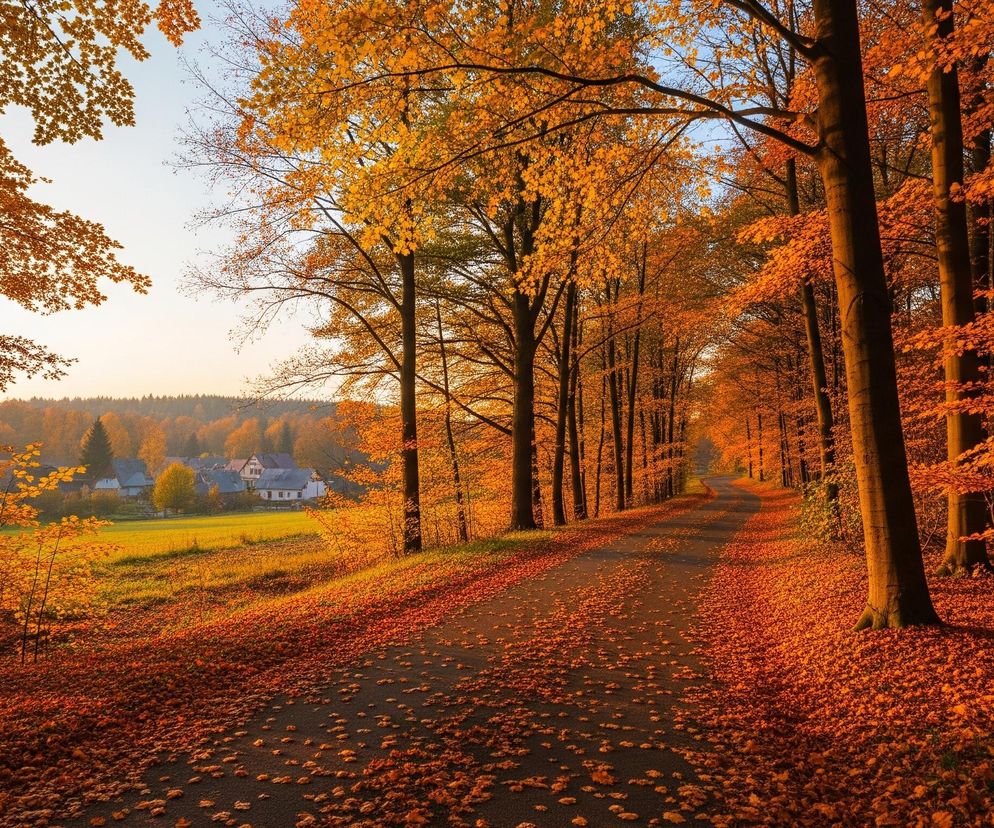 Droga wijąca się przez jesienny las zajmuje centralną część obrazu, pokryta licznymi pomarańczowo-czerwonymi liśćmi. Po obu stronach drogi rosną wysokie drzewa o gęstych koronach, mieniące się odcieniami złota, pomarańczu i czerwieni, tworząc swego rodzaju tunel. W tle, po lewej stronie, widać niewielką wioskę z białymi domami i zielonymi polami, otoczoną drzewami o jesiennych barwach. Całość skąpana jest w ciepłym, miękkim świetle, przypominającym wschód lub zachód słońca.
