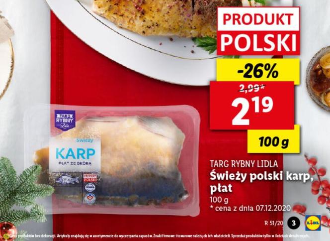 Świeży polski karp, płat w cenie 2,19 zł/100 g 