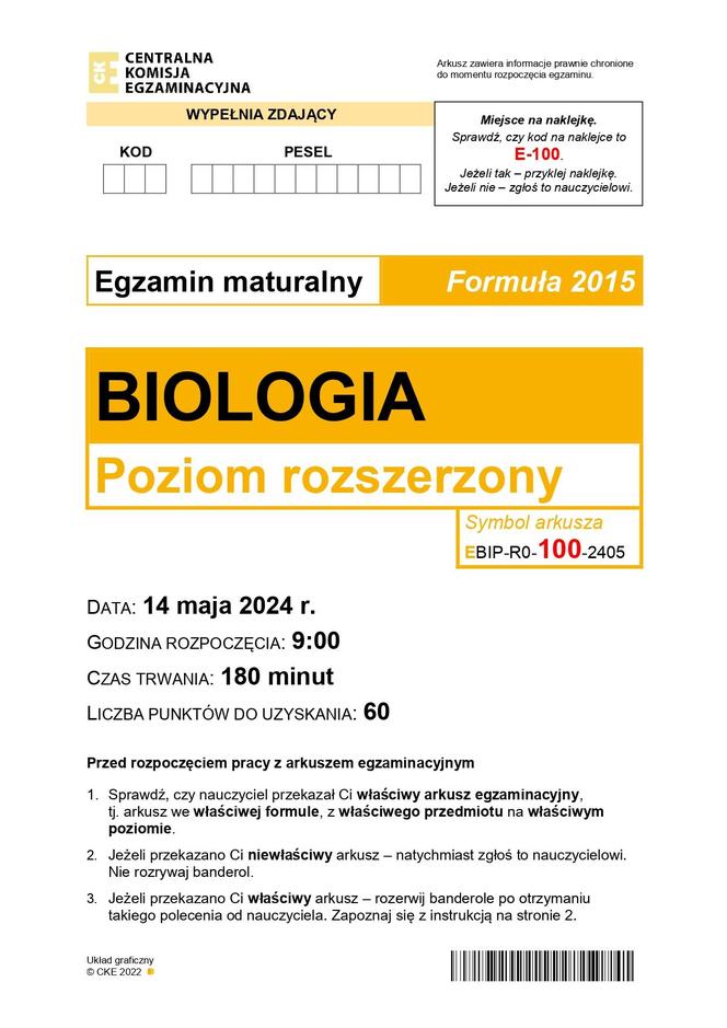 Biologia arkusze MATURA 2024 rozszerzenie FORMUŁA 2015