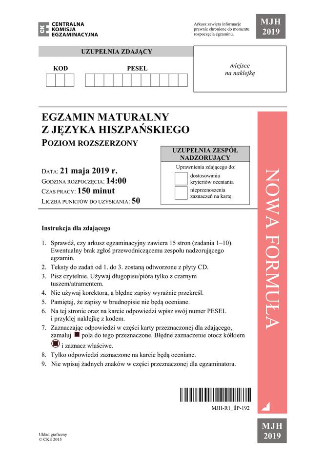 ARKUSZE CKE - Matura j. hiszpański - poziom rozszerzony 2019