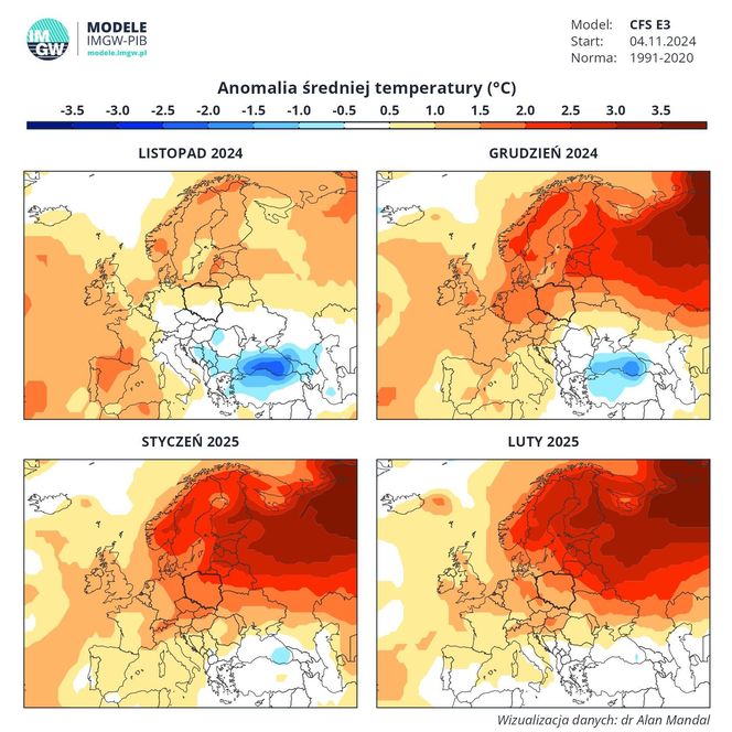 Anomalia temperatur zima 2024-2025