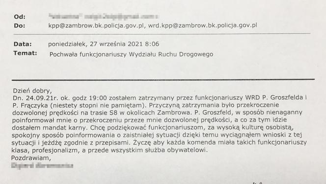 Zambrów. Kierowca dostał mandat. Wysłał list z podziękowaniami [ZDJĘCIA]