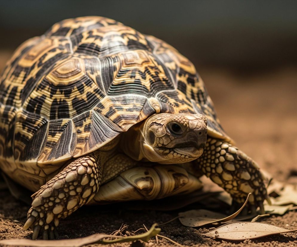 W centrum obrazu znajduje się żółw z mocno wzorzystą skorupą, o brązowo-czarnych i kremowych odcieniach, z promieniście ułożonymi plamami. Jego głowa i kończyny są jasno beżowe, pokryte drobnymi, okrągłymi łuskami, a oczy mają czarne źrenice. Żółw jest zwrócony lekko w prawo, na pierwszym planie widoczne są jego przednie łapy. Znajduje się na piaszczystym, brązowym podłożu, na którym leżą pojedyncze, suche liście i drobne gałązki. Tło jest rozmyte, utrzymane w ciemnych, ciepłych barwach, z delikatnym przejściem tonalnym.