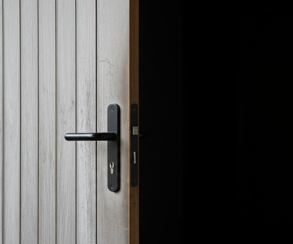Na pierwszym planie widoczne są otwarte, drewniane drzwi o szarej barwie, złożone z pionowych desek. Na prawym skrzydle drzwi zamontowana jest czarna, metalowa klamka w kształcie litery T z zamkiem poniżej, a obok znajduje się listwa z ryglami. Ciemne wnętrze za drzwiami tworzy głęboki, czarny kontrast. Po prawej stronie, za otwartymi drzwiami, widoczna jest biała, teksturowana ściana.