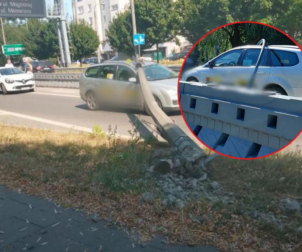 Kraków. Latarnia spadła na przejeżdżający samochód. Chwilę wcześniej doszło tam do wypadku [ZDJĘCIA]