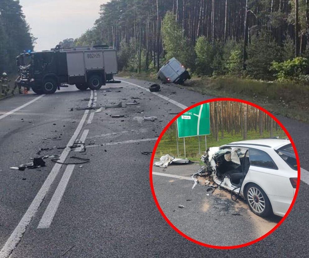 Zderzenie osobówki z busem w Lublińcu. DK11 całkowicie nieprzejezdna